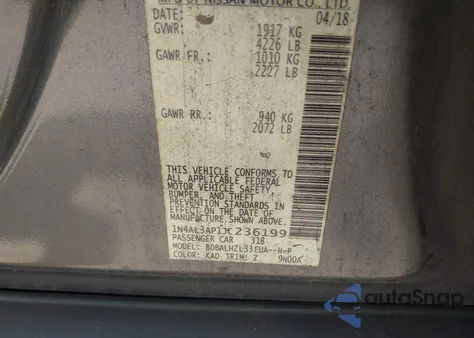 2018 Nissan Altima 2.5 Sr from USA, damaged, VIN 1N4AL3AP1JC236199